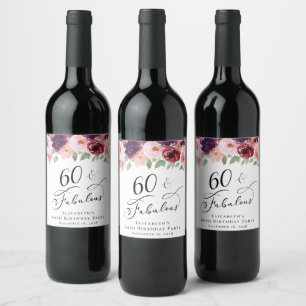 Elegant Floral 60th Birthday Party Wine Label