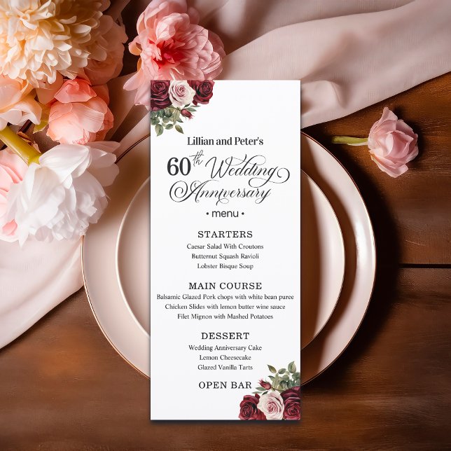 Elegant Floral 60th Wedding Anniversary Menu (Creator Uploaded)