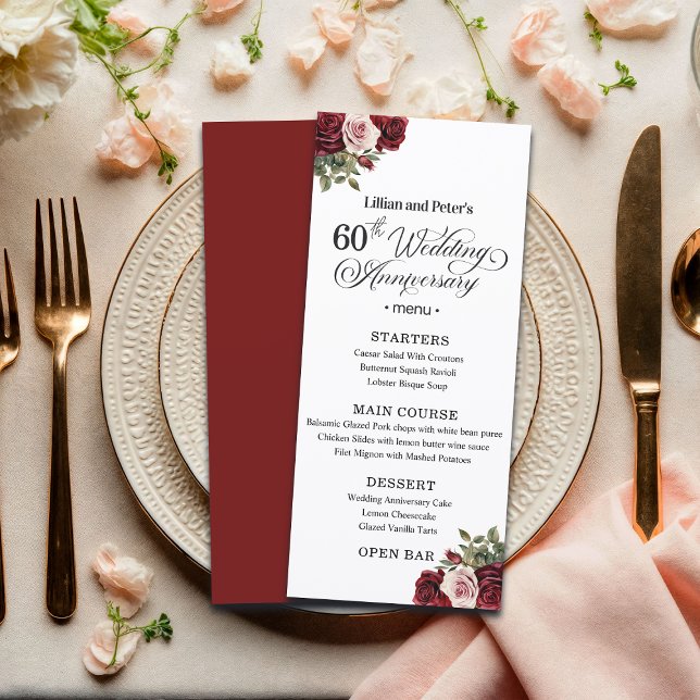 Elegant Floral 60th Wedding Anniversary Menu (Creator Uploaded)