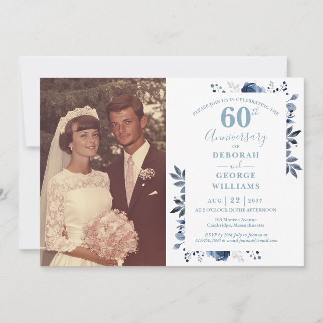 Elegant Floral 60th Wedding Anniversary Photo Invitation (Front)