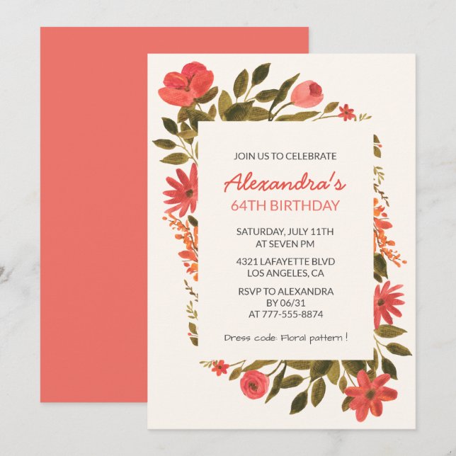 Elegant Floral 64th birthday invitations Boho  (Front/Back)