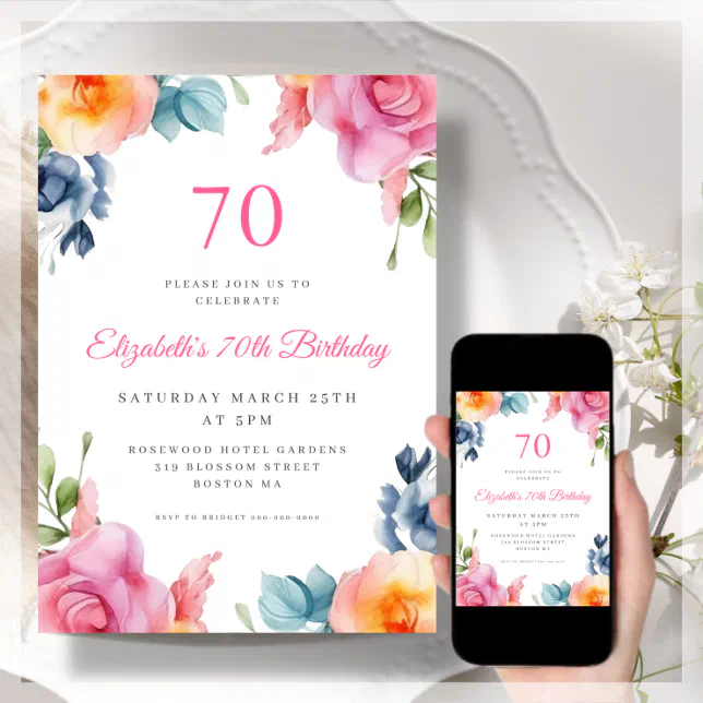 Elegant Floral 70th Birthday Invitation | Zazzle