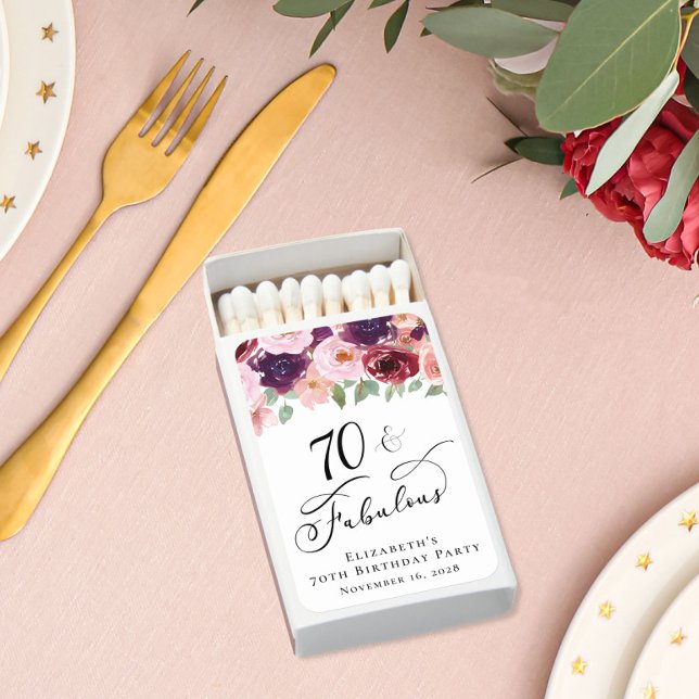 Elegant Floral 70th Birthday Party Favor Matchboxes (Creator Uploaded)