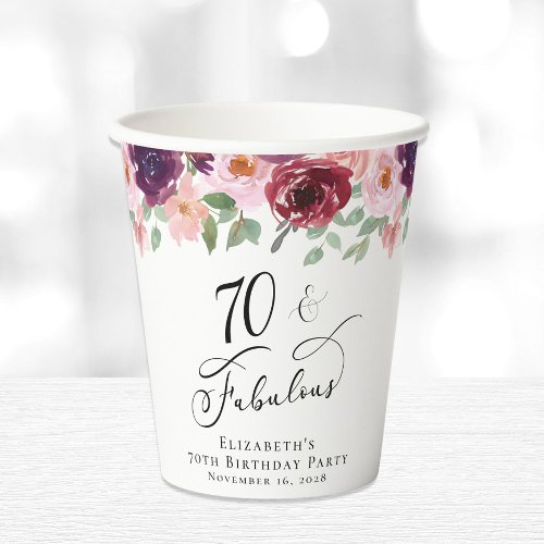 Elegant Floral 70th Birthday Party Paper Cups
