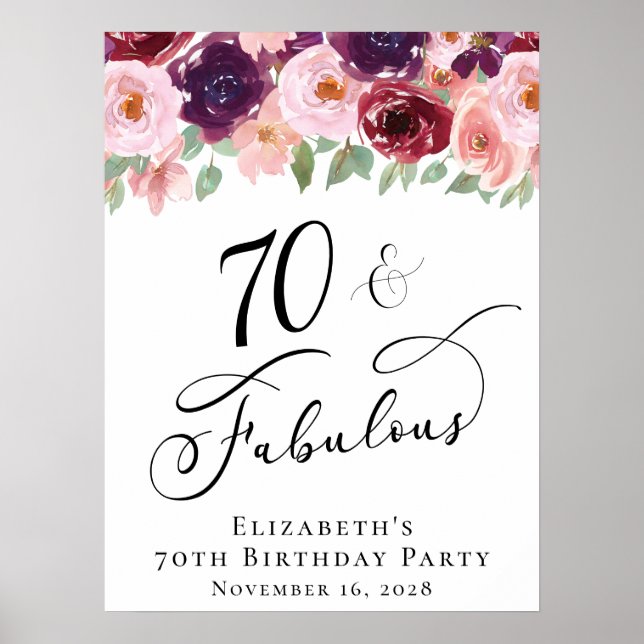 Elegant Floral 70th Birthday Party Poster (Front)