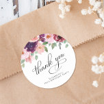 Elegant Floral 70th Birthday Party Thank You Classic Round Sticker<br><div class="desc">Elegant thank you stickers for your 70th birthday party favors and thank you cards featuring "thank you" in a chic calligraphy script and watercolor bouquets of burgundy red and blush pink florals with sage greenery. Personalize with your name.</div>