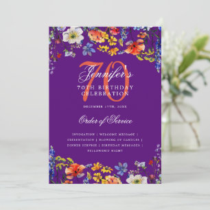 Elegant Floral 70th Birthday Program Menu Purple 