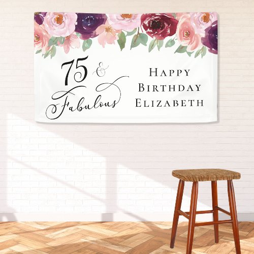Elegant Floral 75th Birthday Party Banner