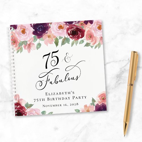 Elegant Floral 75th Birthday Party Guest Book