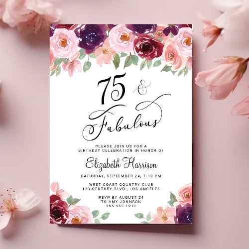 Elegant Floral 75th Birthday Party Invitation