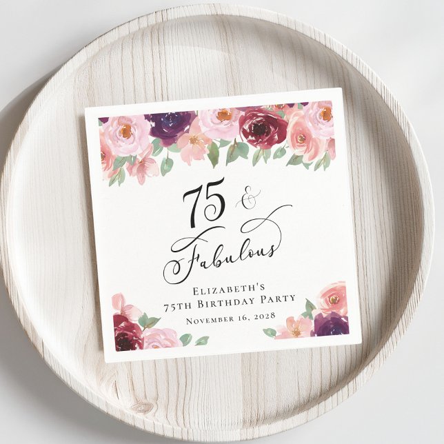 Elegant Floral 75th Birthday Party Napkins (Creator Uploaded)
