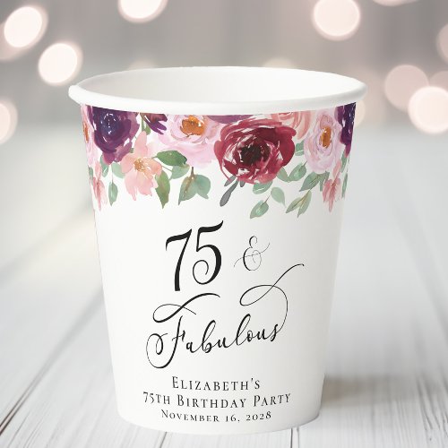 Elegant Floral 75th Birthday Party Paper Cups