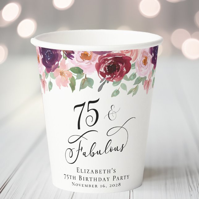 Elegant Floral 75th Birthday Party Paper Cups (Creator Uploaded)