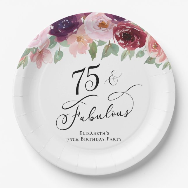 Elegant Floral 75th Birthday Party Paper Plates (Front)