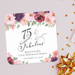 Elegant Floral 75th Birthday Party Square Paper Coaster<br><div class="desc">Elegant 75th birthday party  coaster featuring "75 & Fabulous" in a chic calligraphy script and watercolor bouquets of burgundy red and blush pink florals with sage greenery.</div>