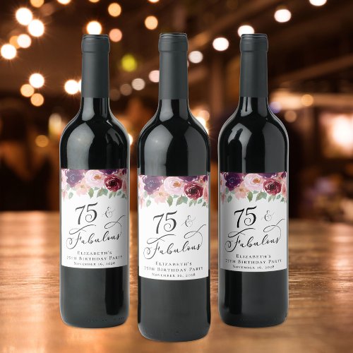 Elegant Floral 75th Birthday Party Wine Label