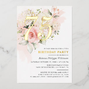Elegant Floral 75th Watercolor Birthday Party Gold Foil Invitation