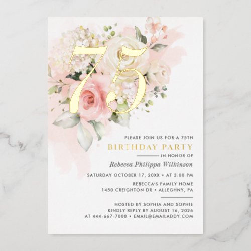 Elegant Floral 75th Watercolor Birthday Party Gold Foil Invitation