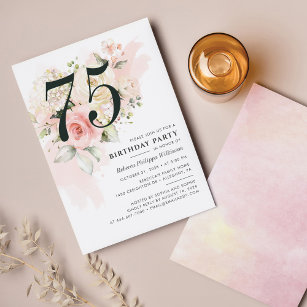 Elegant Floral 75th Watercolor Birthday Party Invitation