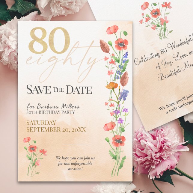 Elegant Floral 80th Birthday, 80 Years Watercolor Save The Date (Creator Uploaded)