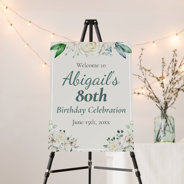 Elegant Floral 80th Birthday Party Any Age Sign (In Situ (Stand))