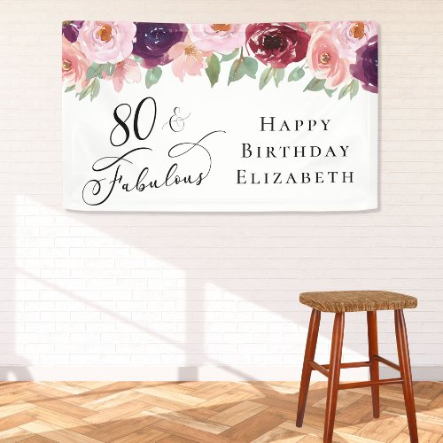 Elegant Floral 80th Birthday Party Banner