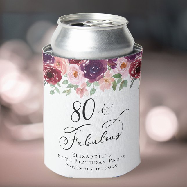 Elegant Floral 80th Birthday Party Can Cooler (Creator Uploaded)