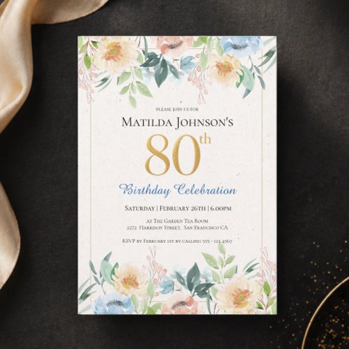 Elegant Floral 80th Birthday Party Invitation