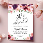 Elegant Floral 80th Birthday Party Invitation<br><div class="desc">Elegant 80th birthday party invitation featuring "80 & Fabulous" in a stylish script and watercolor bouquets of burgundy red,  pink and purple florals with sage greenery.</div>