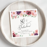 Elegant Floral 80th Birthday Party Napkins<br><div class="desc">Elegant napkins for her 80th birthday party that feature "80 & Fabulous" in a stylish script and watercolor bouquets of burgundy red,  blush pink and purple florals with light sage greenery.</div>