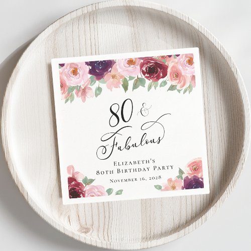 Elegant Floral 80th Birthday Party Napkins
