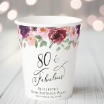 Elegant Floral 80th Birthday Party Paper Cups<br><div class="desc">Elegant paper cups for her 80th birthday party that feature "80 & Fabulous" in a stylish script and watercolor bouquets of burgundy red,  blush pink and purple florals with sage greenery.</div>