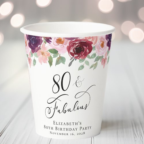 Elegant Floral 80th Birthday Party Paper Cups
