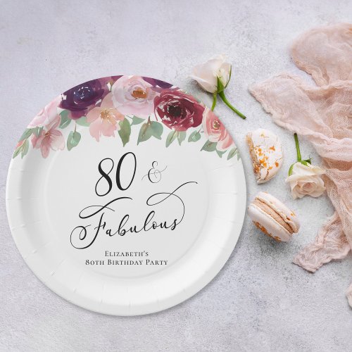 Elegant Floral 80th Birthday Party Paper Plates