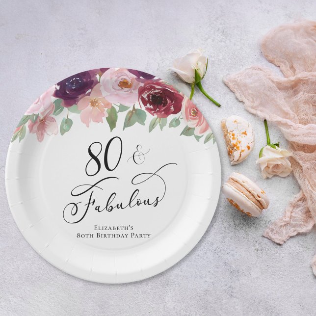 Elegant Floral 80th Birthday Party Paper Plates (Creator Uploaded)