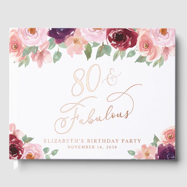 Elegant Floral 80th Birthday Party Rose Gold Foil Guest Book (Front)