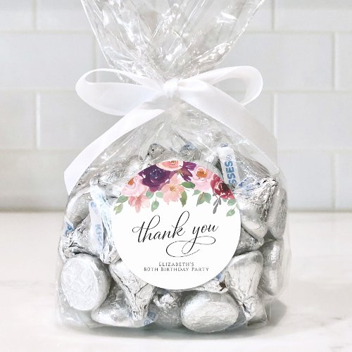 Elegant Floral 80th Birthday Party Thank You Classic Round Sticker