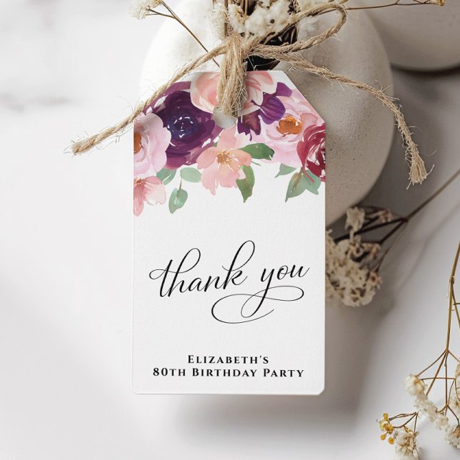 Elegant Floral 80th Birthday Party Thank You Gift Tags (Creator Uploaded)