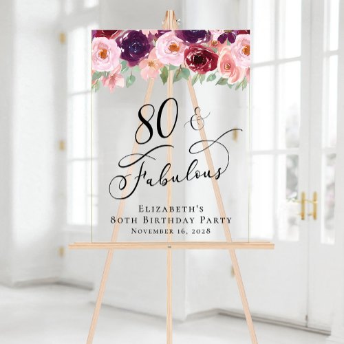 Elegant Floral 80th Birthday Party Welcome Clear Acrylic Sign