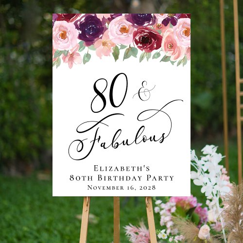 Elegant Floral 80th Birthday Party Welcome Foam Board