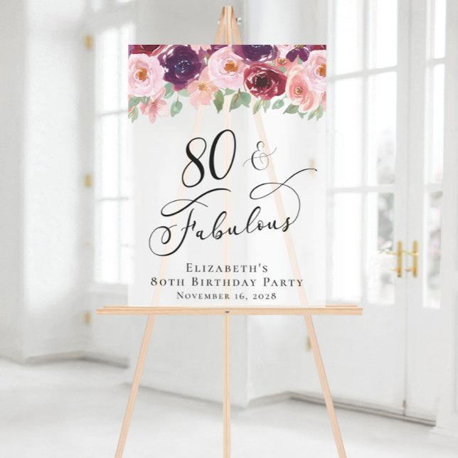 Elegant Floral 80th Birthday Party Welcome Frosted Acrylic Sign (Creator Uploaded)
