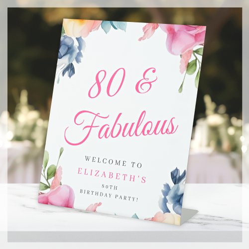 Elegant Floral 80th Birthday Party Welcome Pedestal Sign
