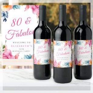 Elegant Floral 80th Birthday Party Wine Label