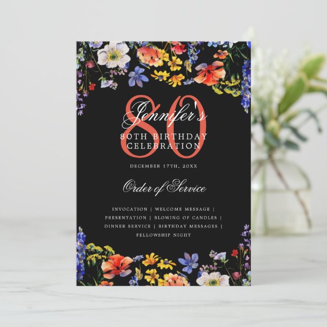 Elegant Floral 80th Birthday Program Menu Black (Standing Front)
