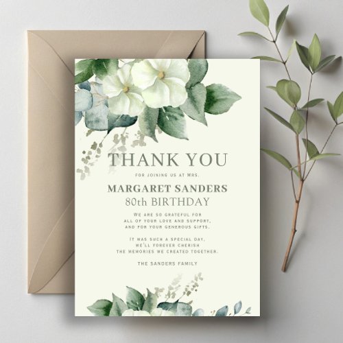 Elegant floral 80th birthday  thank you card