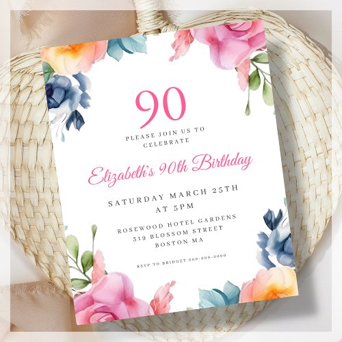 Elegant Floral 90th Birthday Budget Invitation