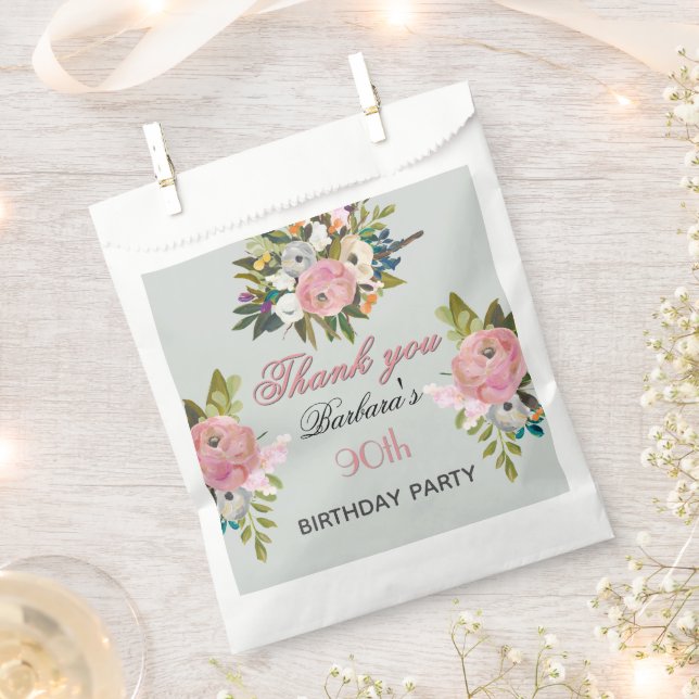 Elegant Floral 90th Birthday  Favor Bag (Clipped)