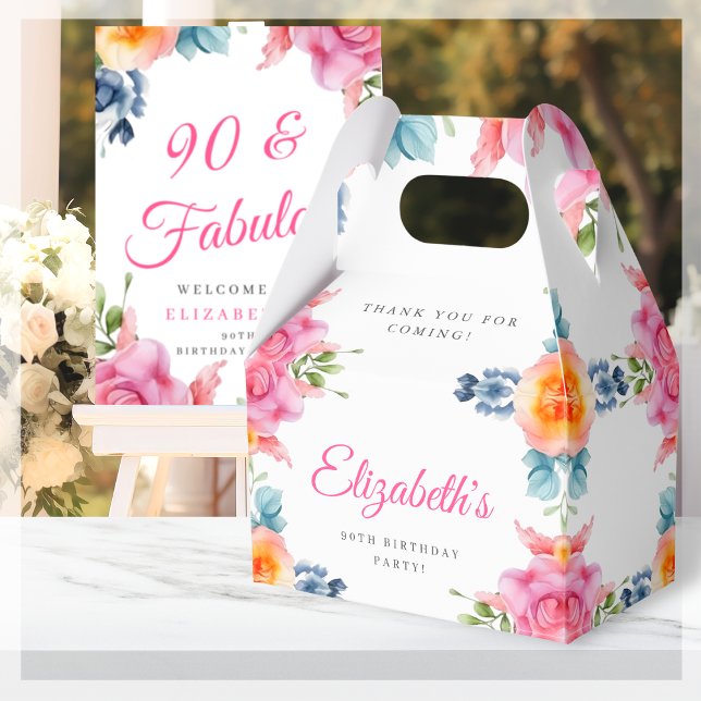 Elegant Floral 90th Birthday Favor Box (Creator Uploaded)