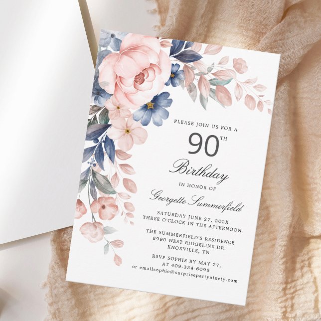 Elegant Floral 90th Birthday Invitation (Elegant Floral 90th Birthday Invitation)