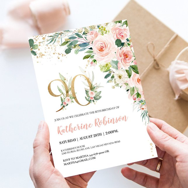 Elegant Floral 90th Birthday Invitation for Her (Creator Uploaded)